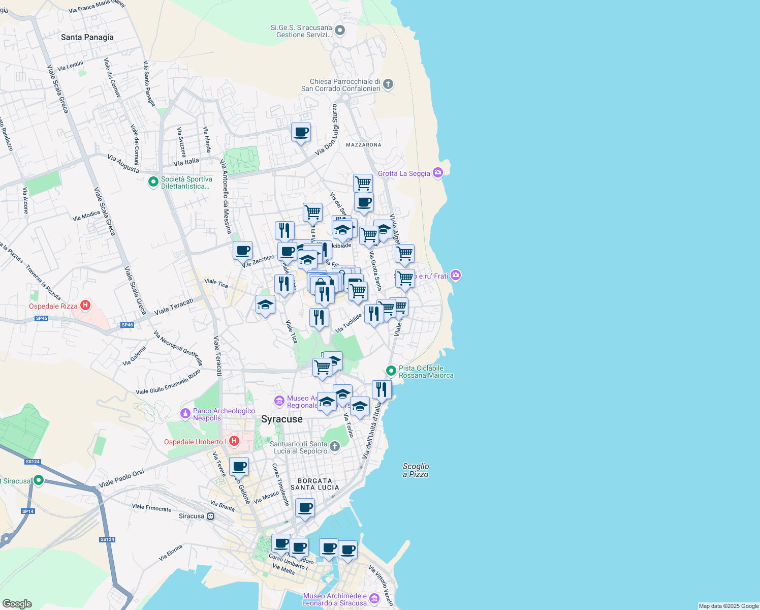 map of restaurants, bars, coffee shops, grocery stores, and more near 57 Via Grotta Santa in Siracusa