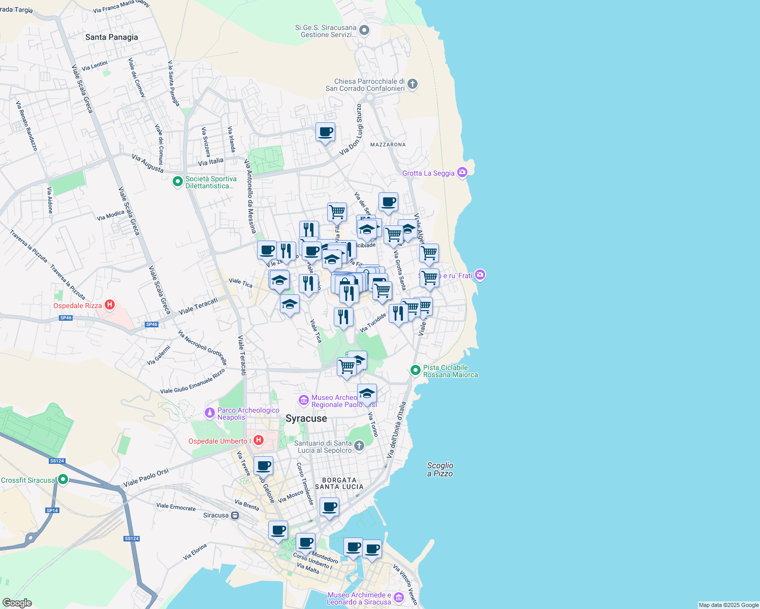 map of restaurants, bars, coffee shops, grocery stores, and more near 16 Via Filisto in Siracusa