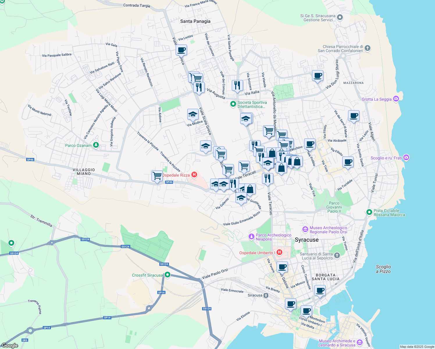 map of restaurants, bars, coffee shops, grocery stores, and more near 32 Via di Villa Ortisi in Siracusa
