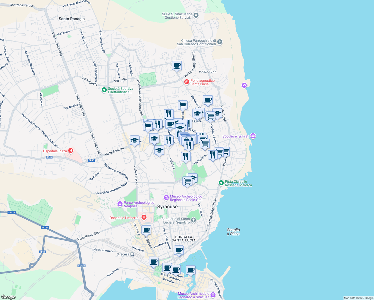 map of restaurants, bars, coffee shops, grocery stores, and more near 4 Via Tisia in Siracusa