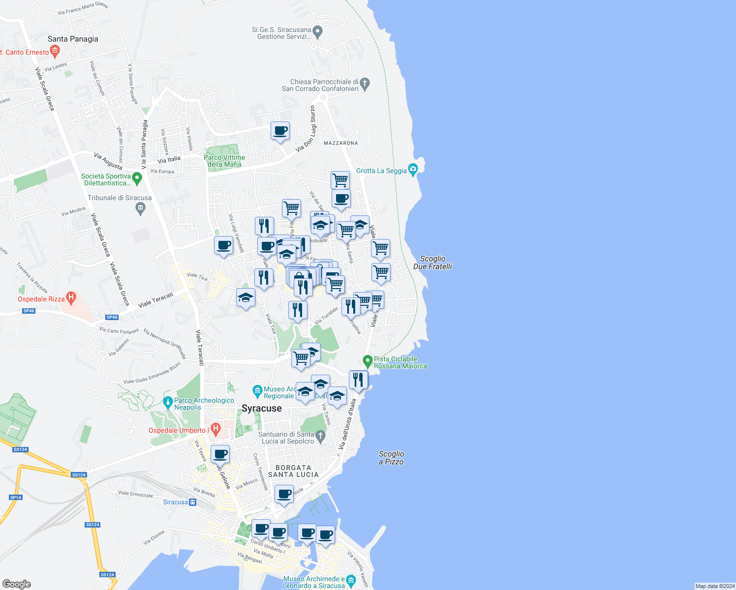 map of restaurants, bars, coffee shops, grocery stores, and more near 57 Via Grottasanta in Syracuse