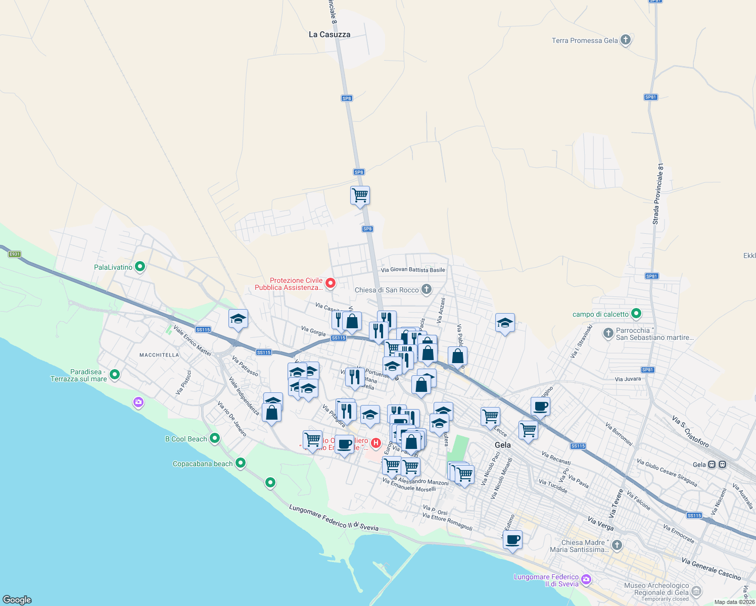 map of restaurants, bars, coffee shops, grocery stores, and more near 190 Strada Provinciale 8 in Gela