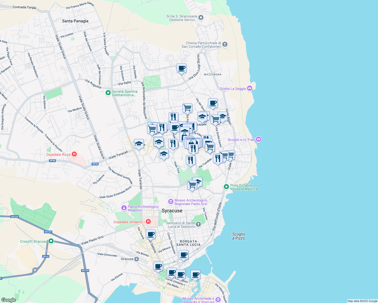 map of restaurants, bars, coffee shops, grocery stores, and more near 4 Via Tisia in Siracusa