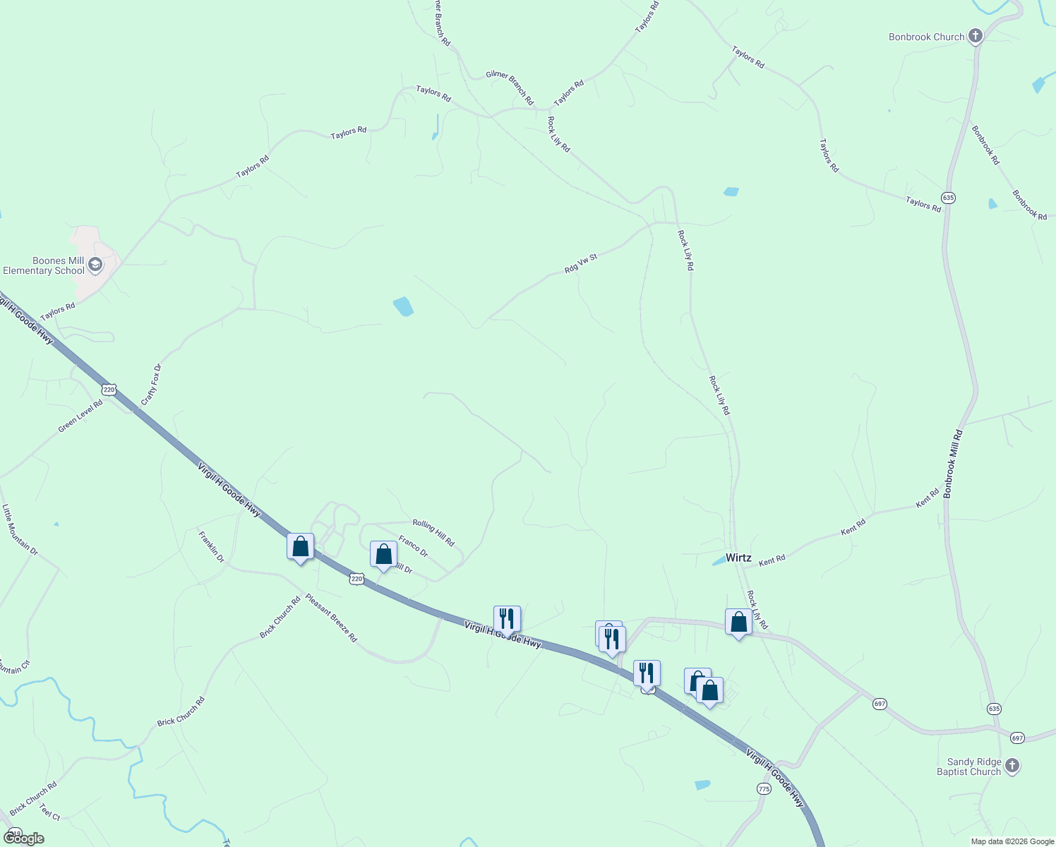 map of restaurants, bars, coffee shops, grocery stores, and more near 1051 Windfield Lane in Wirtz