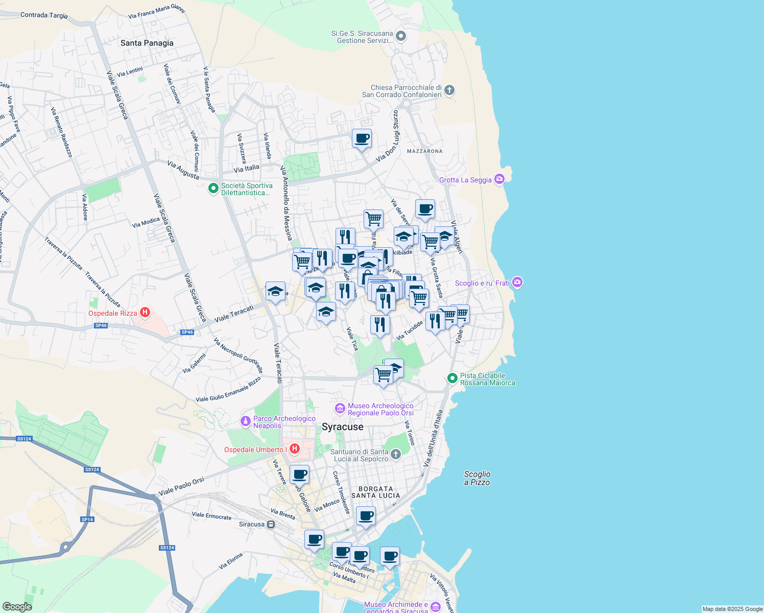 map of restaurants, bars, coffee shops, grocery stores, and more near 4 Via Tisia in Siracusa