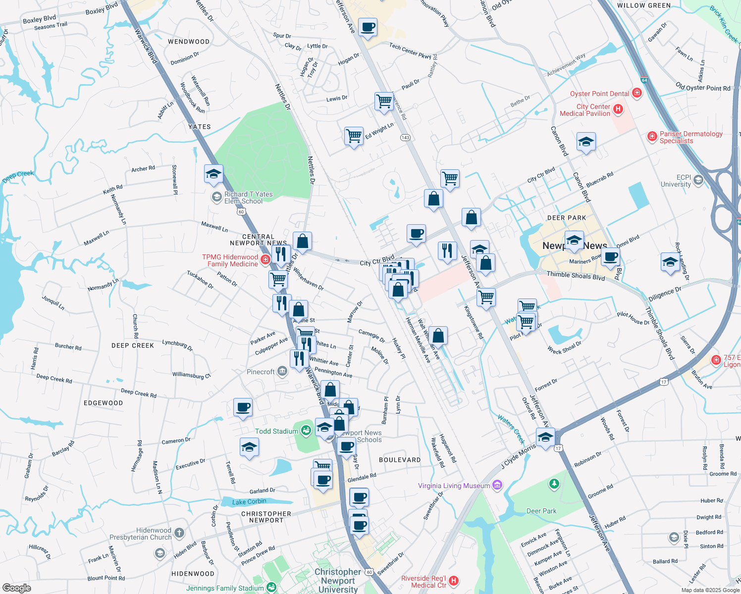 map of restaurants, bars, coffee shops, grocery stores, and more near 2630 Marrow Dr in Newport News