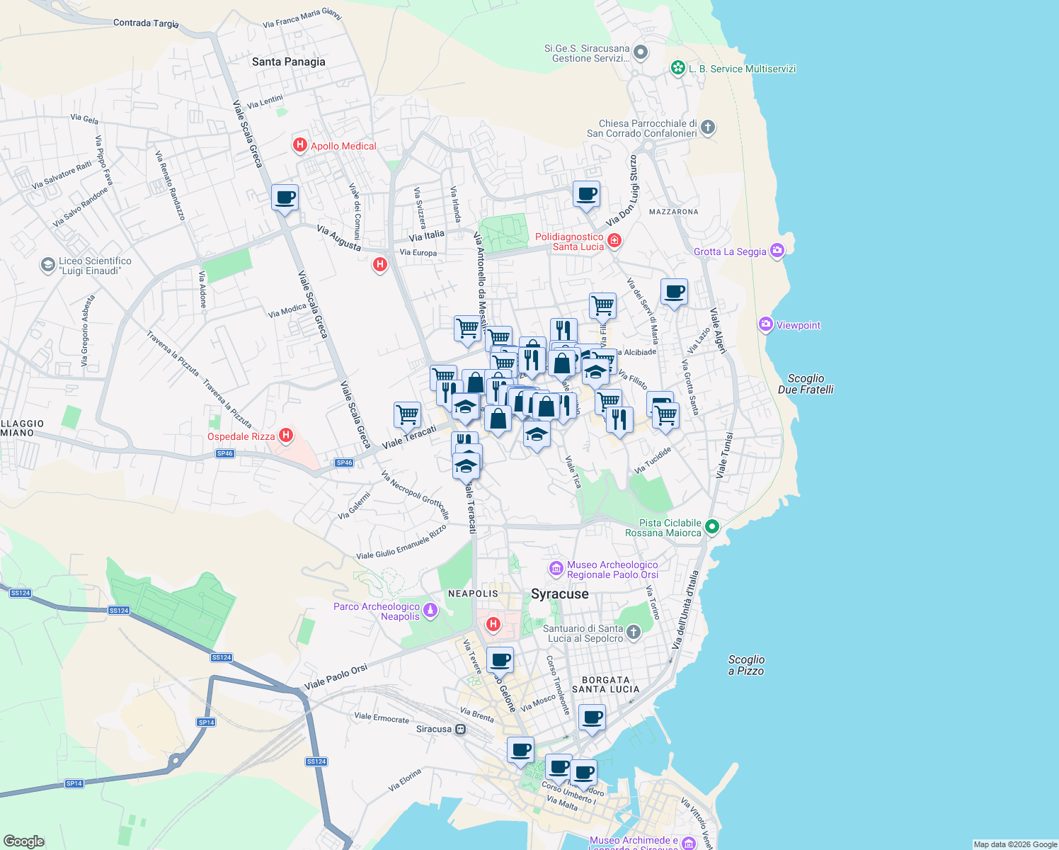 map of restaurants, bars, coffee shops, grocery stores, and more near 52 Viale Tica in Siracusa