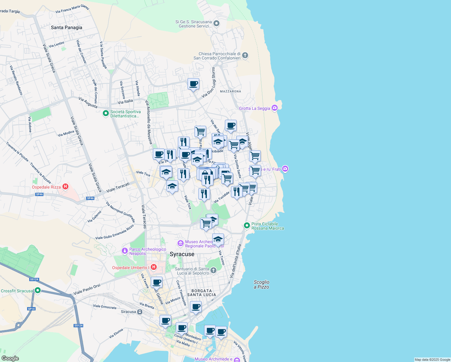 map of restaurants, bars, coffee shops, grocery stores, and more near 16 Via Filisto in Syracuse