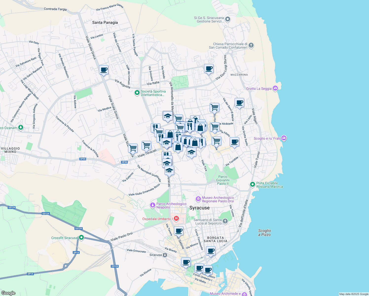 map of restaurants, bars, coffee shops, grocery stores, and more near 161 Viale Tica in Siracusa