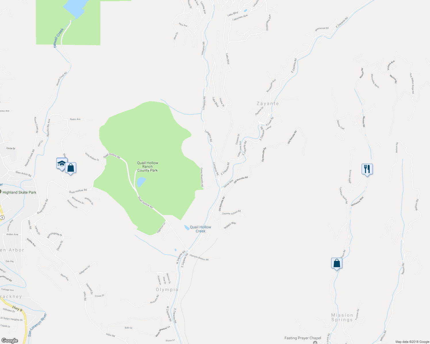 map of restaurants, bars, coffee shops, grocery stores, and more near 8969 Lompico Road in Felton