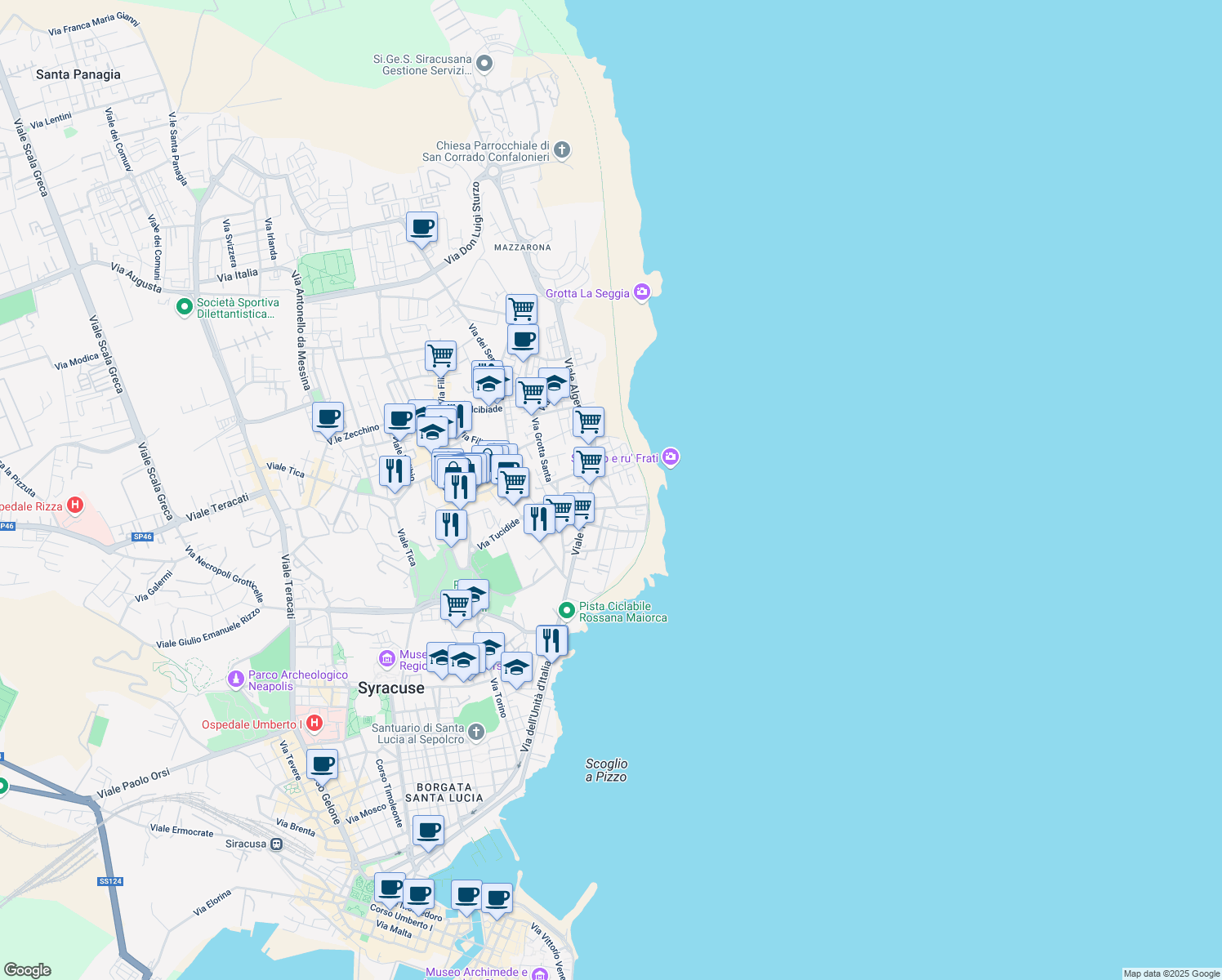 map of restaurants, bars, coffee shops, grocery stores, and more near 48 Via Dalmazia in Siracusa