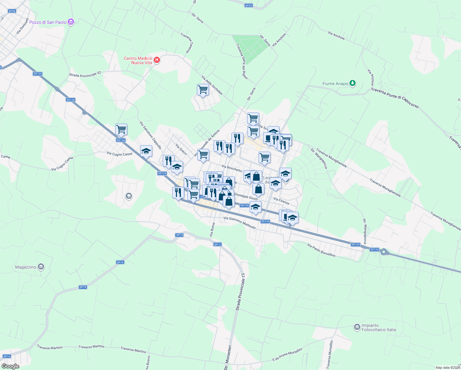 map of restaurants, bars, coffee shops, grocery stores, and more near 185 Via Vittorio Alfieri in Floridia