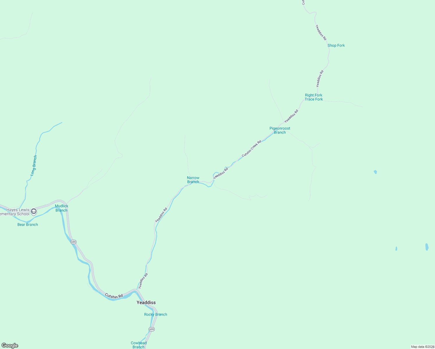 map of restaurants, bars, coffee shops, grocery stores, and more near Cutshin Creek Road in Yeaddiss
