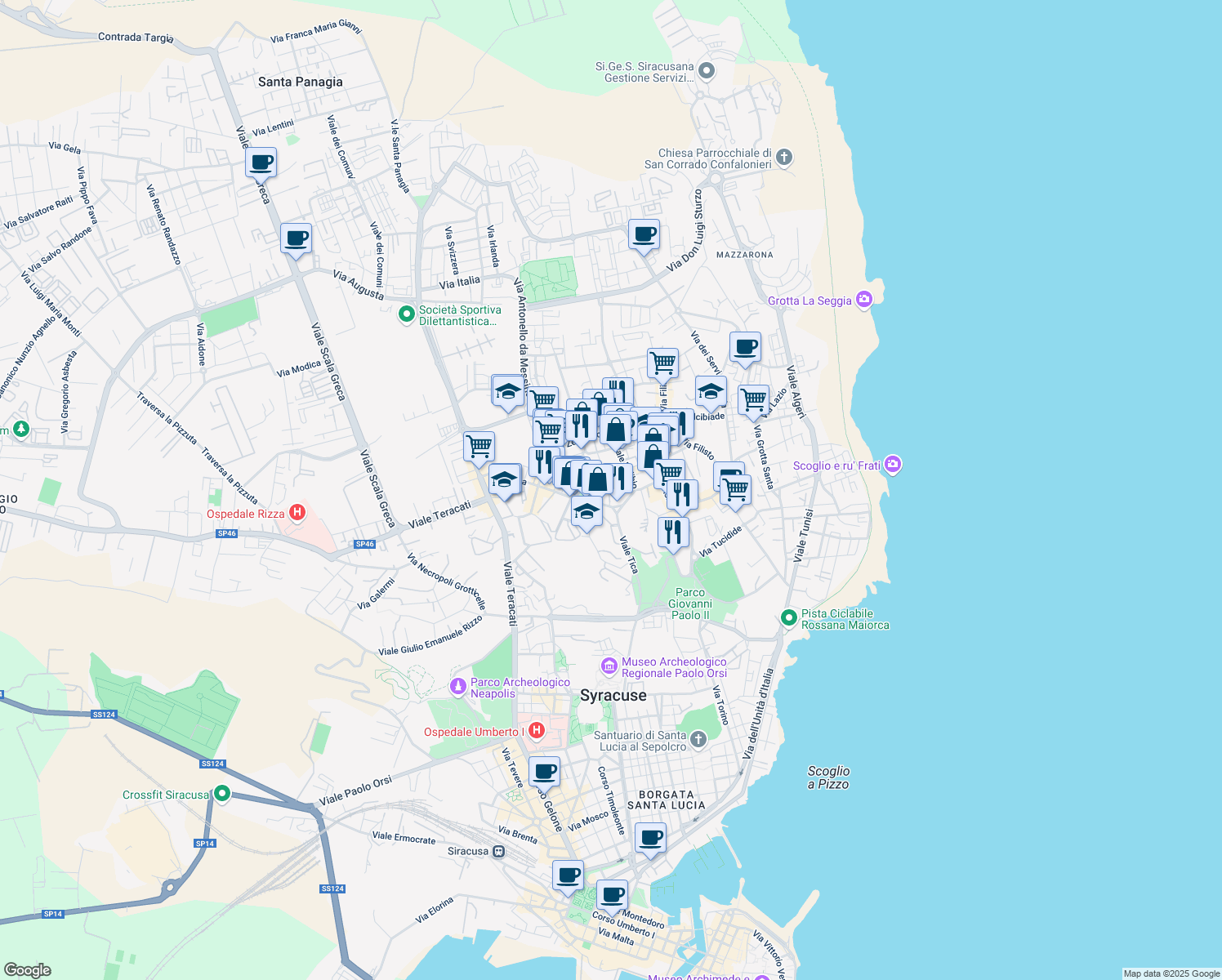map of restaurants, bars, coffee shops, grocery stores, and more near 45 Vicolo Ai Telefoni in Syracuse