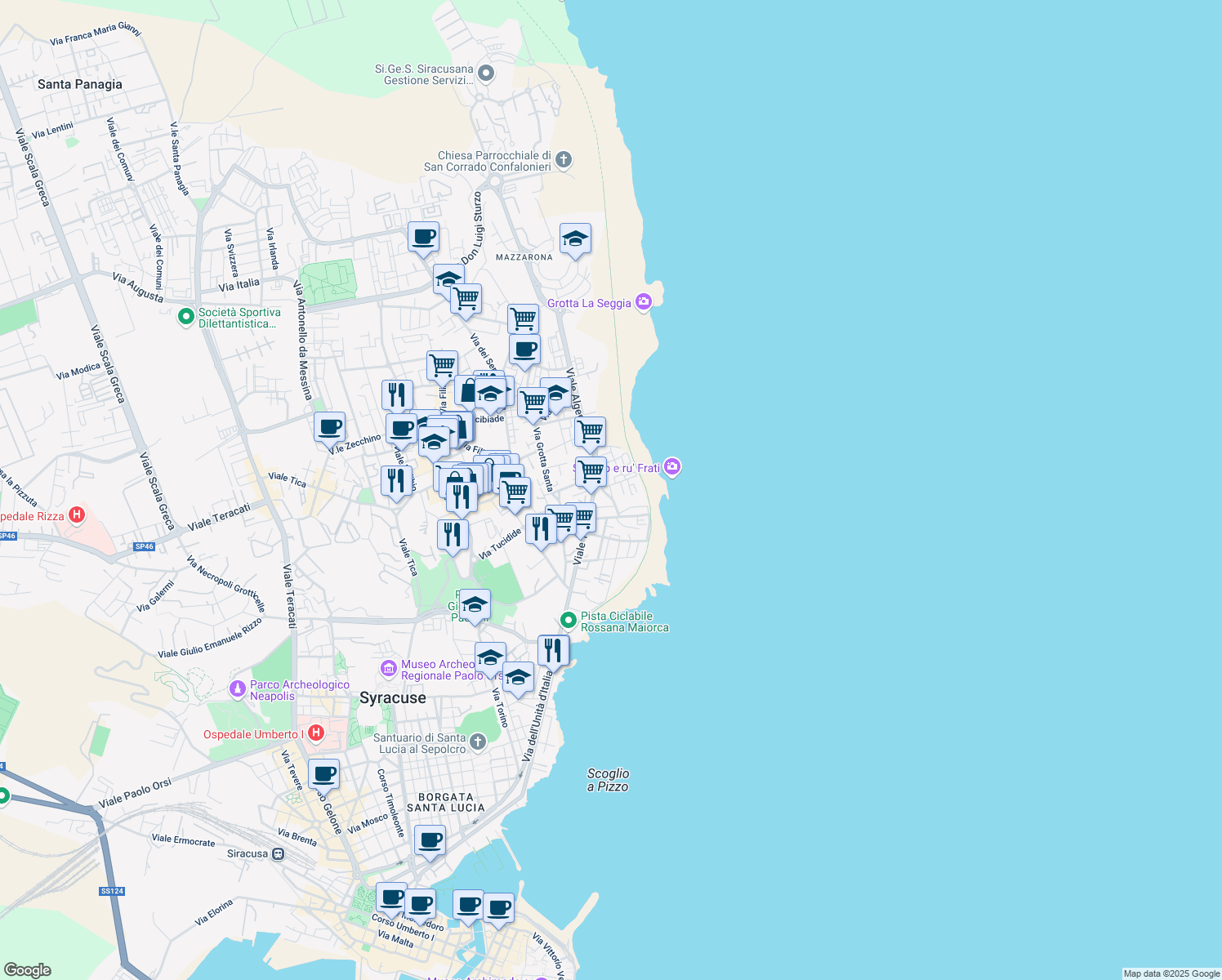 map of restaurants, bars, coffee shops, grocery stores, and more near 27 Via Romagna in Siracusa
