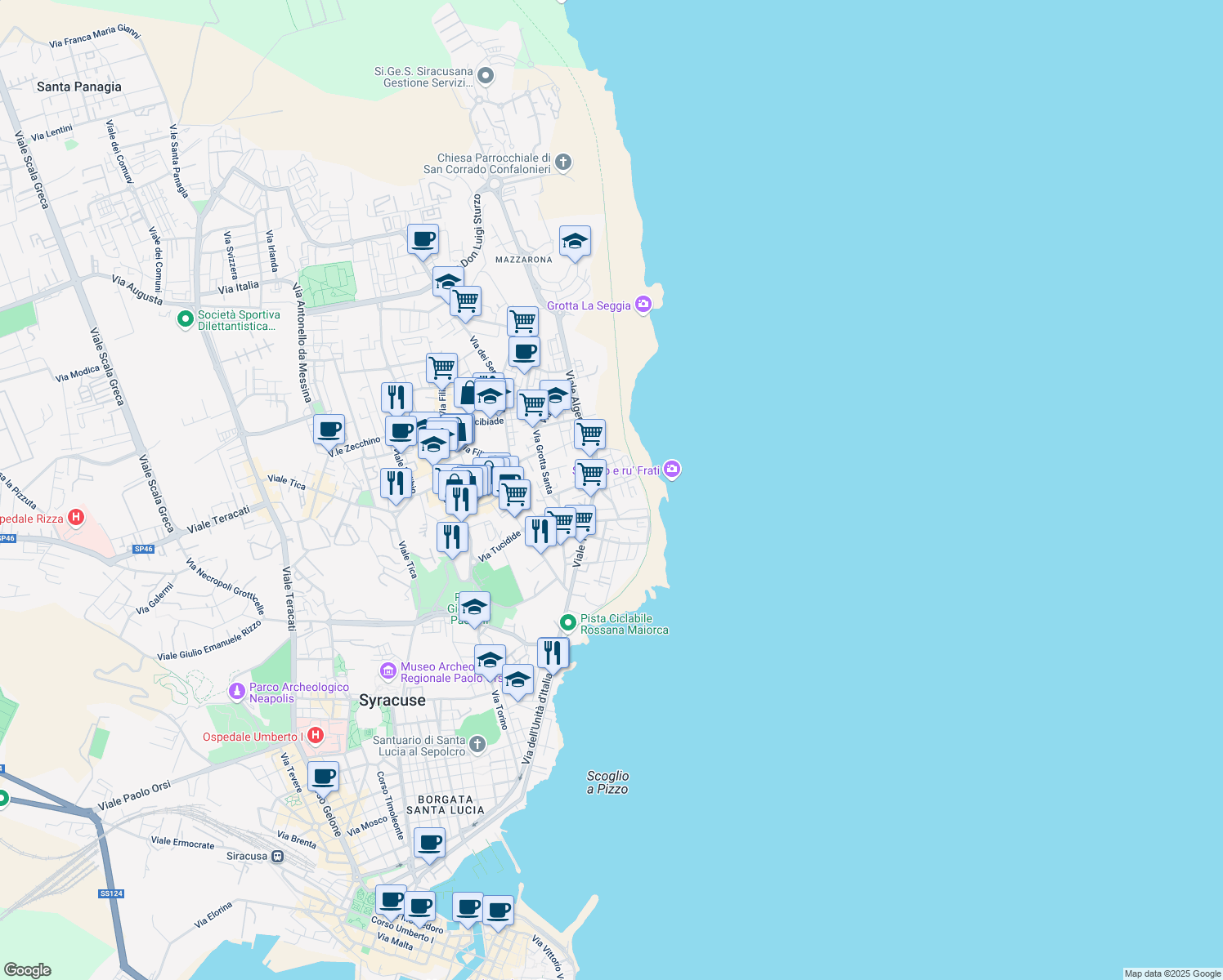 map of restaurants, bars, coffee shops, grocery stores, and more near 27 Via Romagna in Siracusa