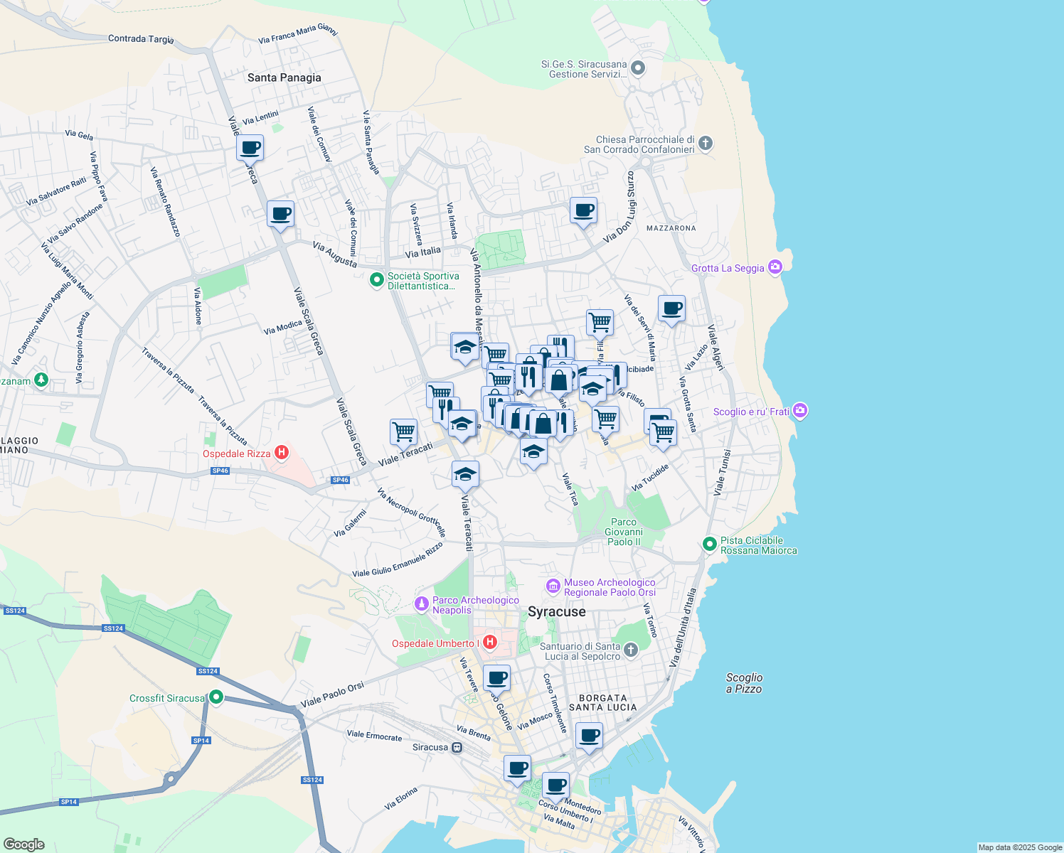 map of restaurants, bars, coffee shops, grocery stores, and more near 13 Via Francesco Laurana in Siracusa