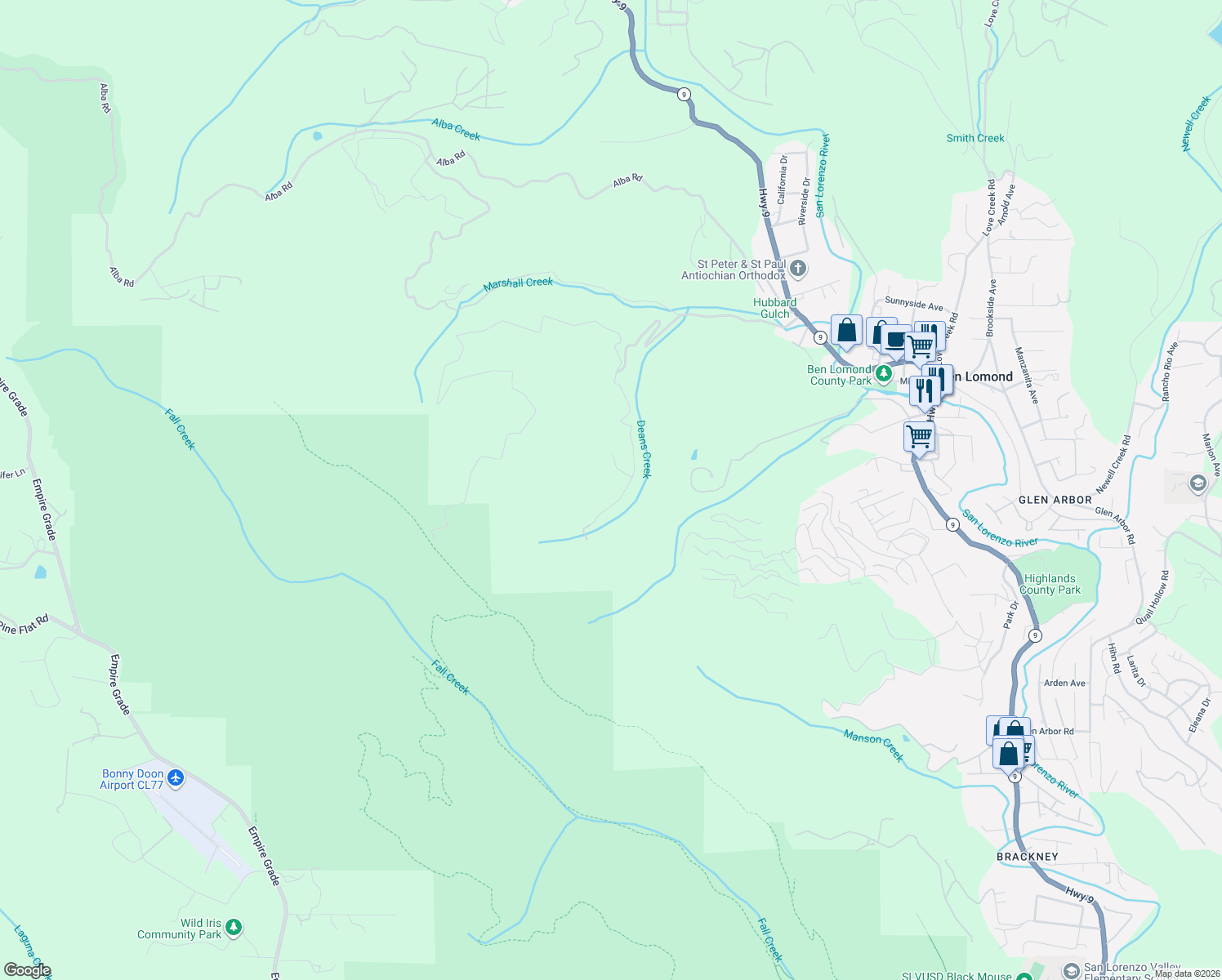 map of restaurants, bars, coffee shops, grocery stores, and more near 500 Waldeberg Road in Ben Lomond