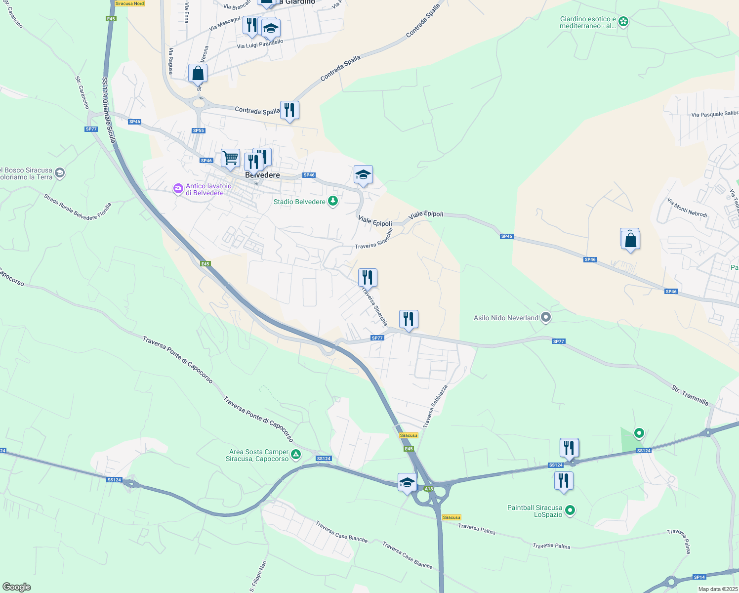 map of restaurants, bars, coffee shops, grocery stores, and more near 5 Traversa Sinerchia in Provincia di Siracusa