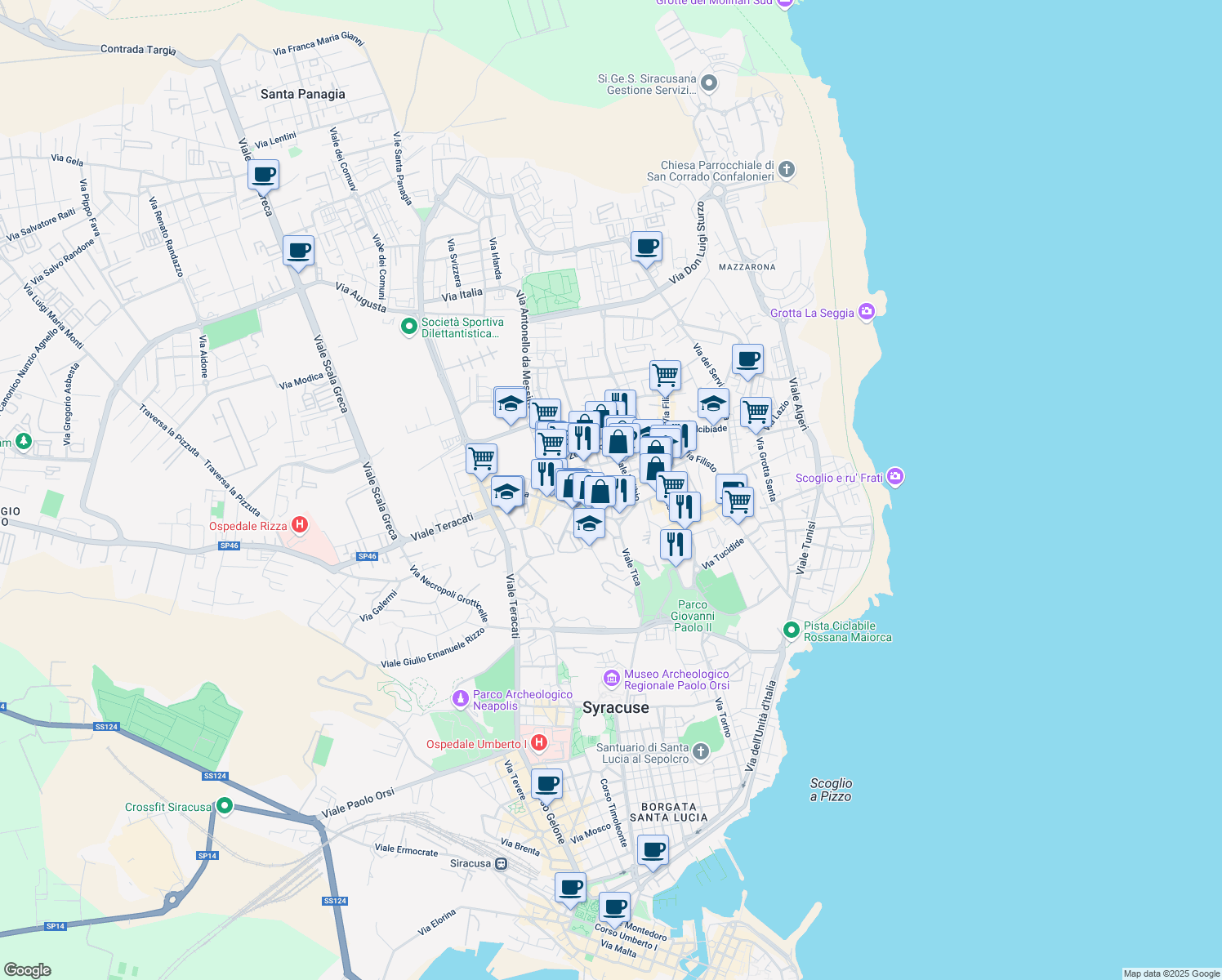 map of restaurants, bars, coffee shops, grocery stores, and more near 45 Vicolo Ai Telefoni in Siracusa