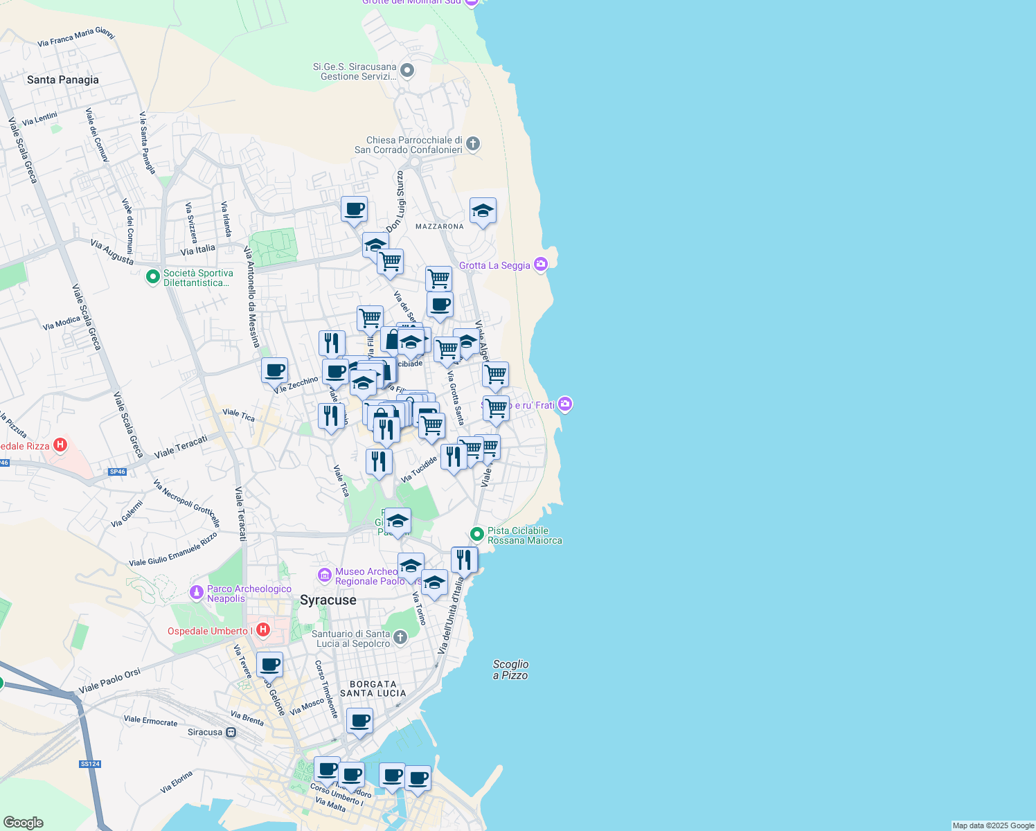 map of restaurants, bars, coffee shops, grocery stores, and more near 27 Via Romagna in Siracusa