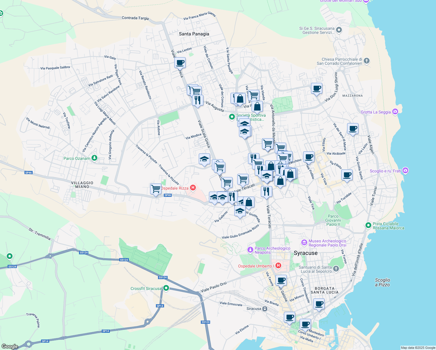 map of restaurants, bars, coffee shops, grocery stores, and more near Viale Scala Greca in Siracusa