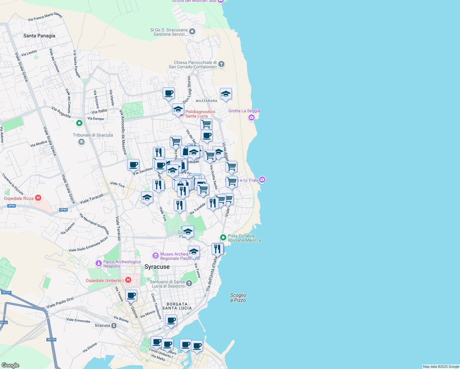 map of restaurants, bars, coffee shops, grocery stores, and more near 58 Via Sicilia in Syracuse