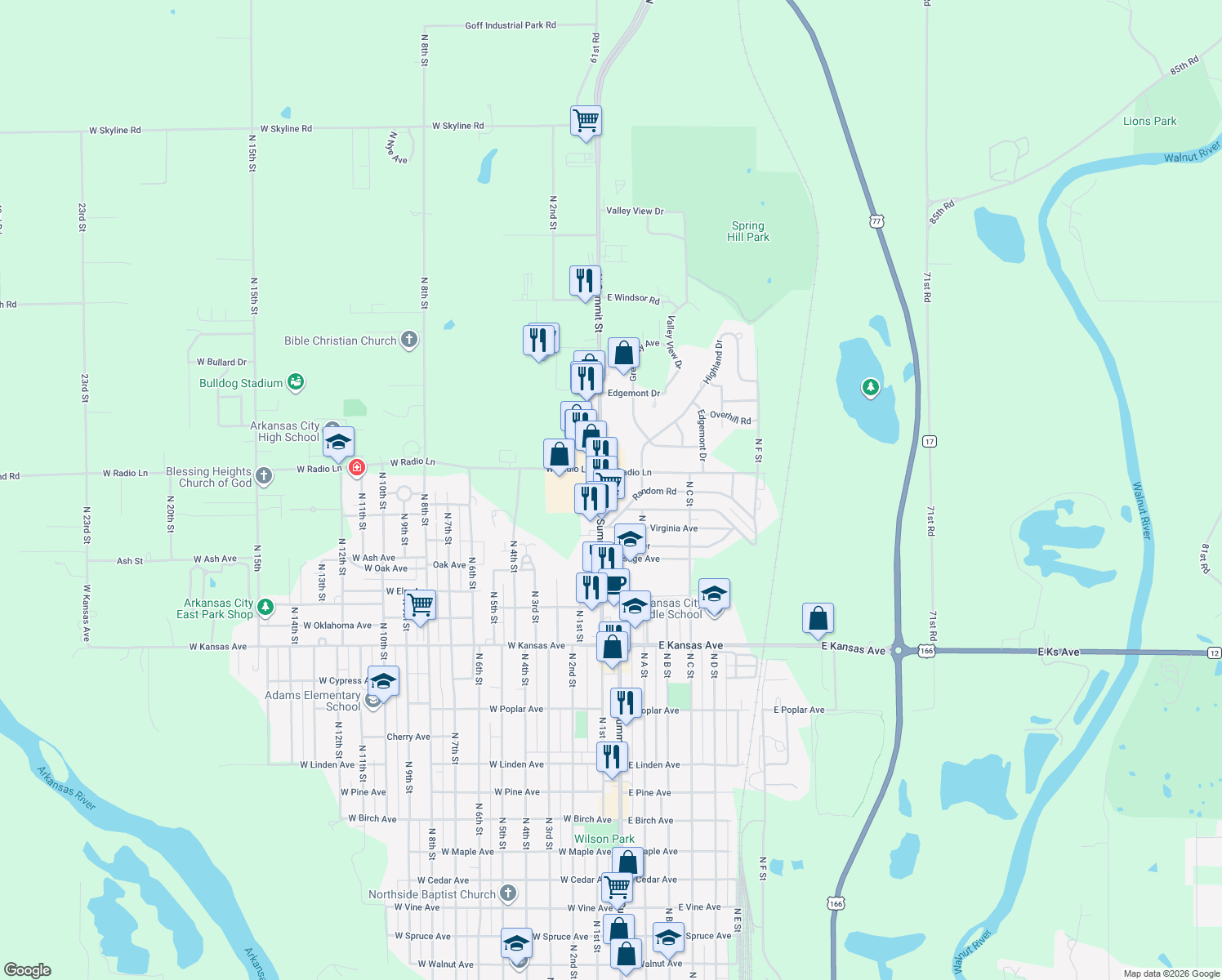 map of restaurants, bars, coffee shops, grocery stores, and more near 2010 North Summit Street in Arkansas City