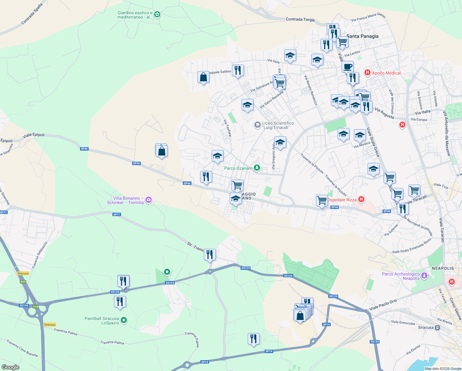 map of restaurants, bars, coffee shops, grocery stores, and more near 23 Via Monti Erei in Siracusa