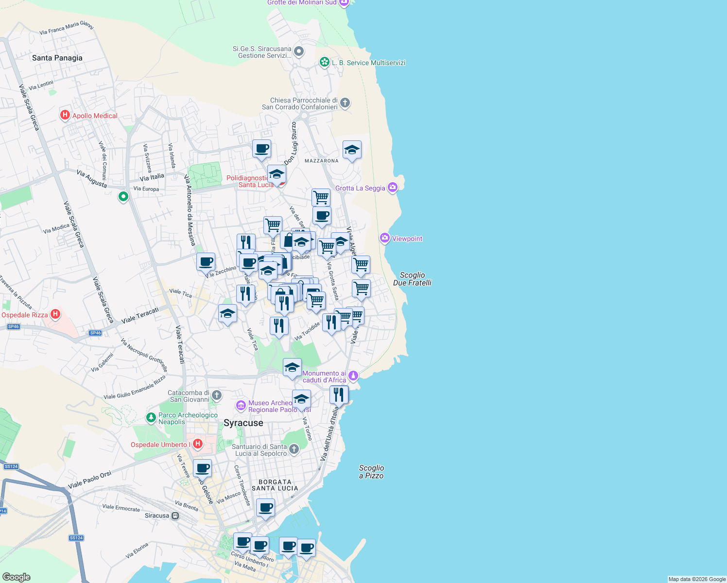 map of restaurants, bars, coffee shops, grocery stores, and more near 58 Via Sicilia in Syracuse