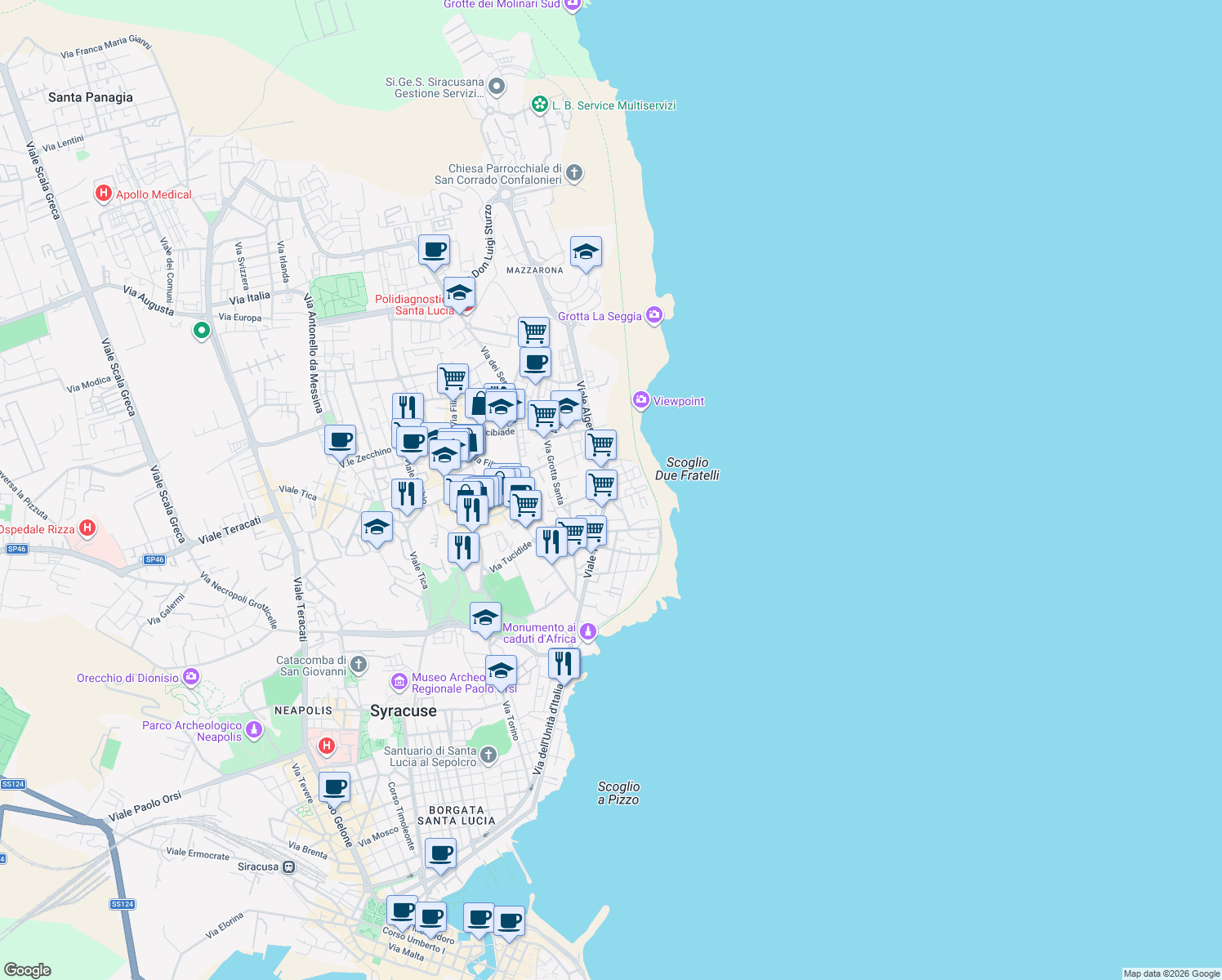 map of restaurants, bars, coffee shops, grocery stores, and more near 58 Via Sicilia in Syracuse