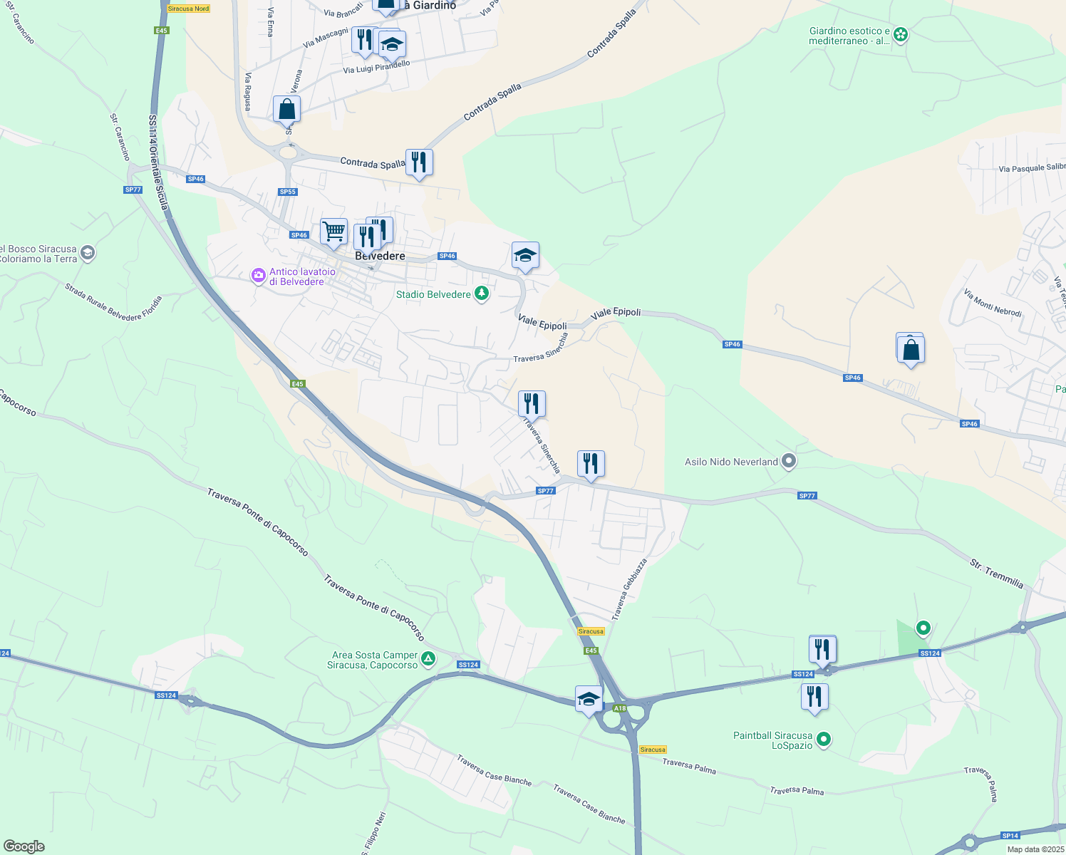 map of restaurants, bars, coffee shops, grocery stores, and more near 5 Traversa Sinerchia in Siracusa