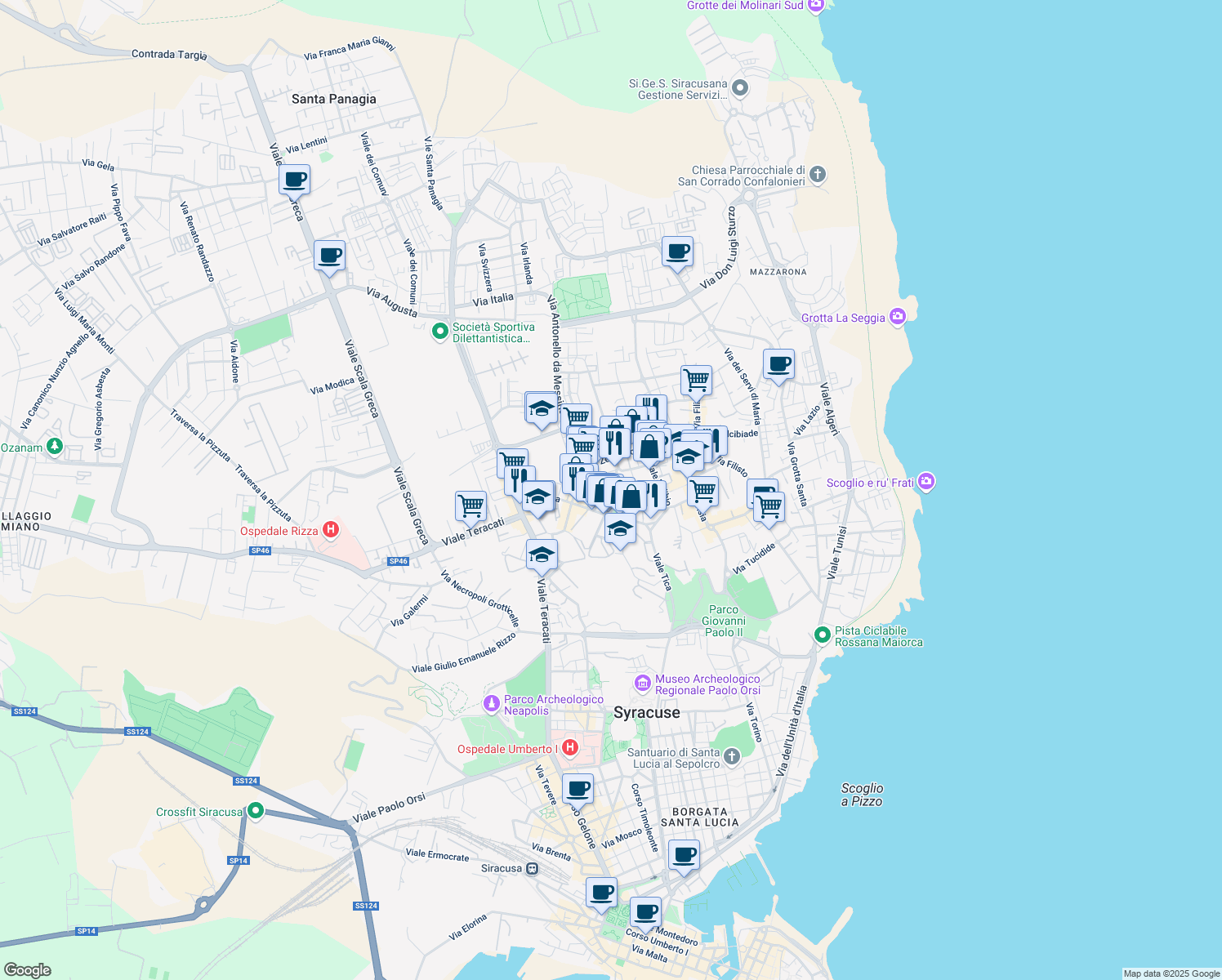 map of restaurants, bars, coffee shops, grocery stores, and more near 13 Via Francesco Laurana in Syracuse