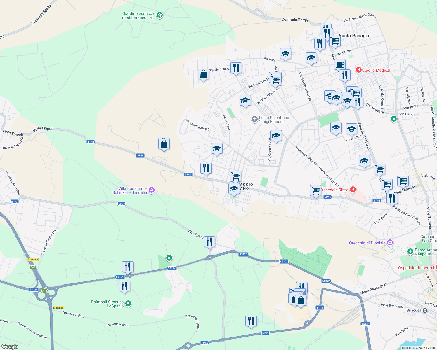 map of restaurants, bars, coffee shops, grocery stores, and more near Via Monte Soro in Syracuse