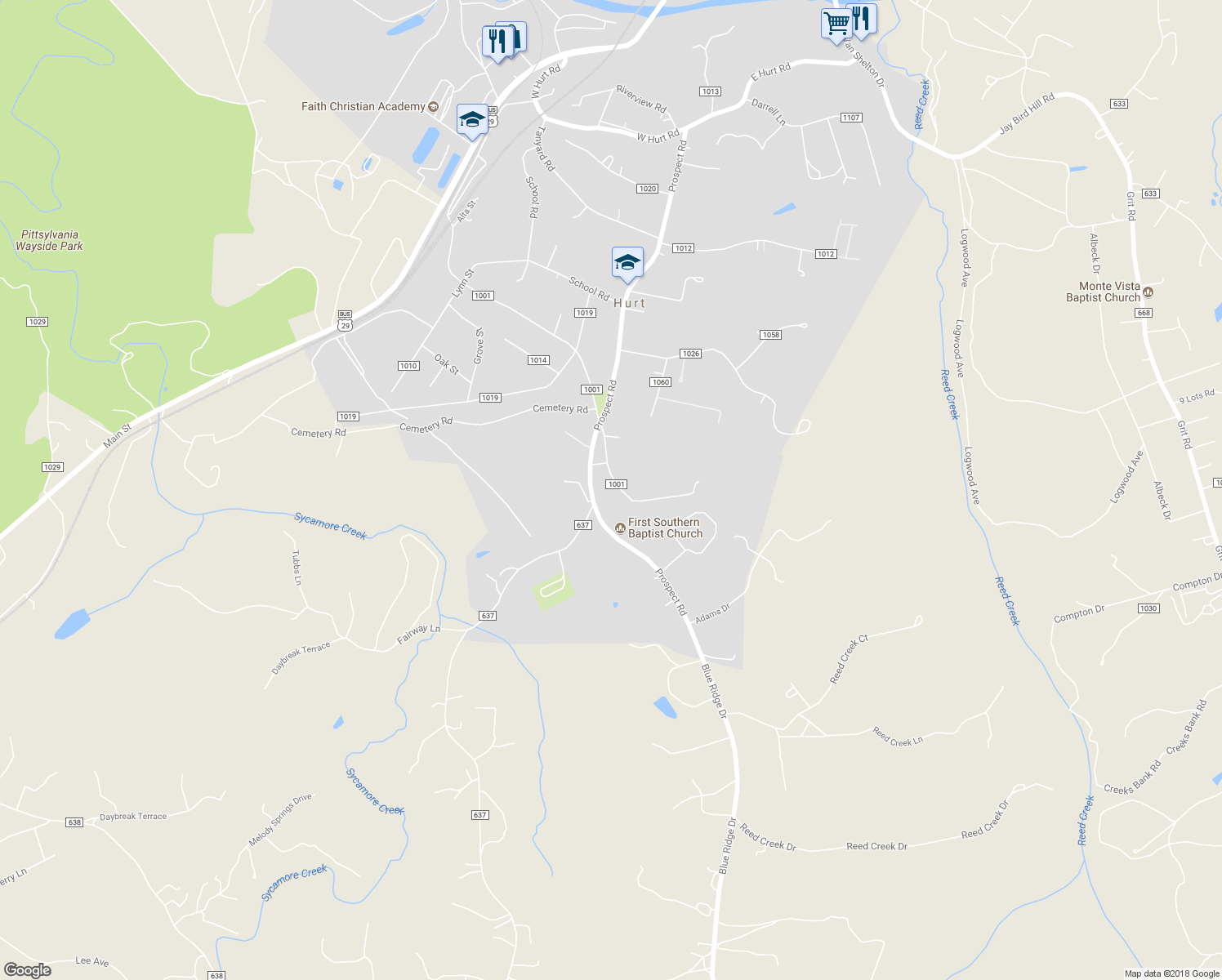 map of restaurants, bars, coffee shops, grocery stores, and more near 117 East Spencer Road in Hurt