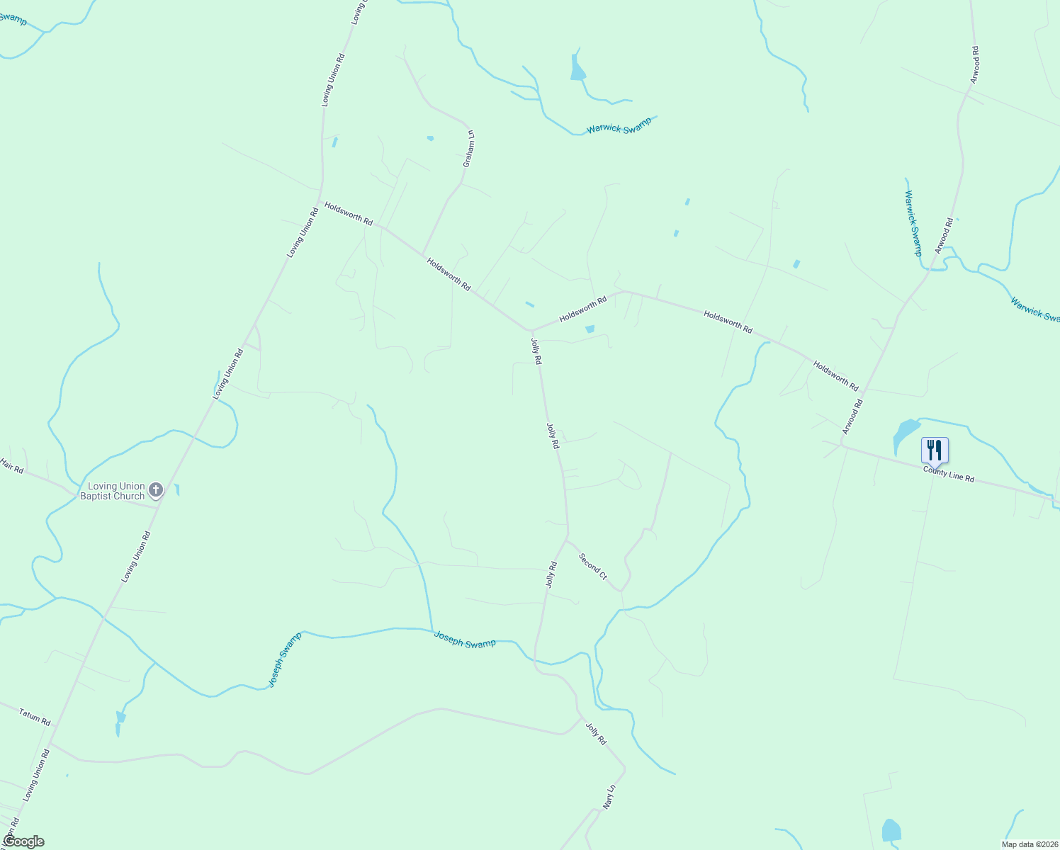 map of restaurants, bars, coffee shops, grocery stores, and more near 16500 Jolly Road in Disputanta