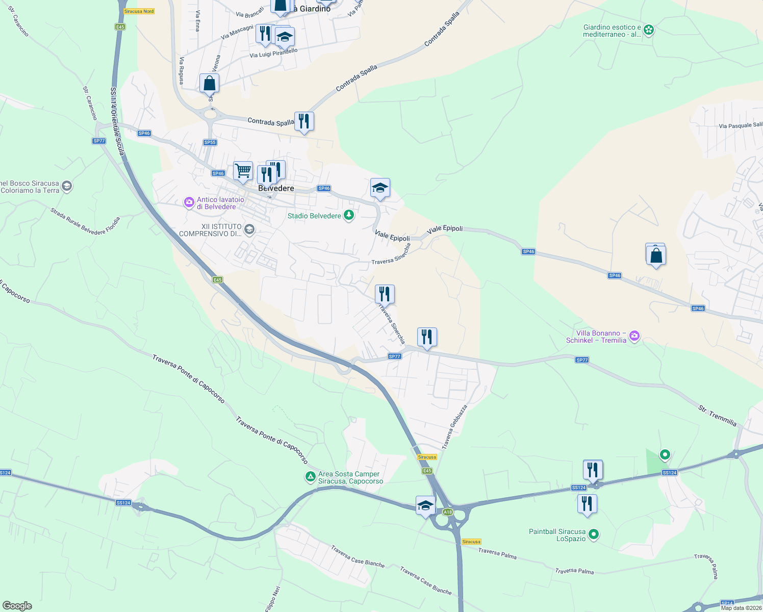 map of restaurants, bars, coffee shops, grocery stores, and more near 1 Traversa Sinerchia in Libero consorzio comunale di Siracusa
