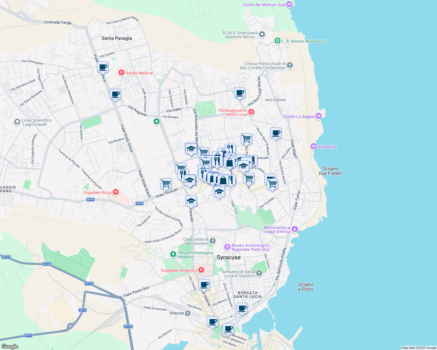 map of restaurants, bars, coffee shops, grocery stores, and more near 13 Via Francesco Laurana in Syracuse