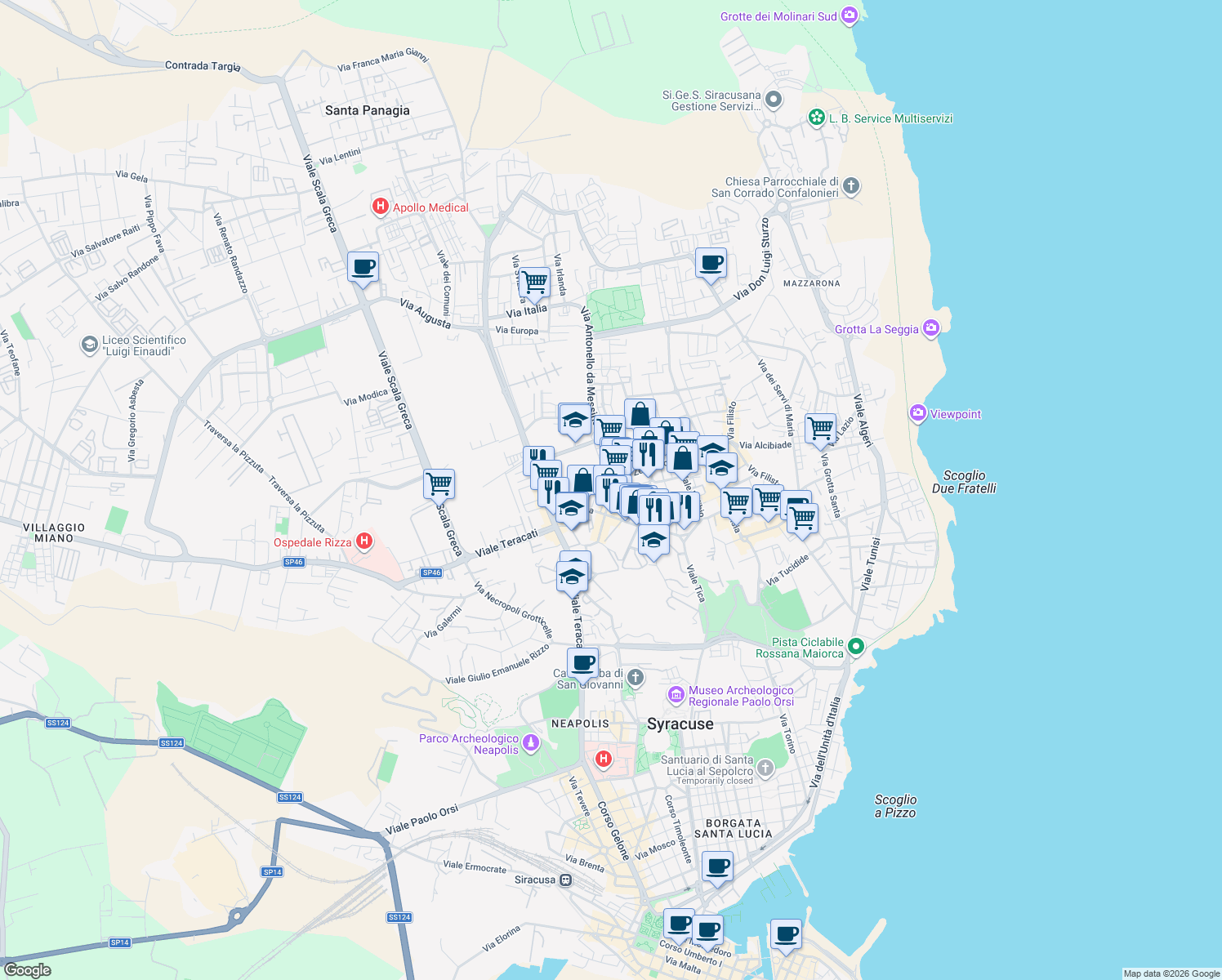 map of restaurants, bars, coffee shops, grocery stores, and more near 14 Viale Zecchino in Siracusa