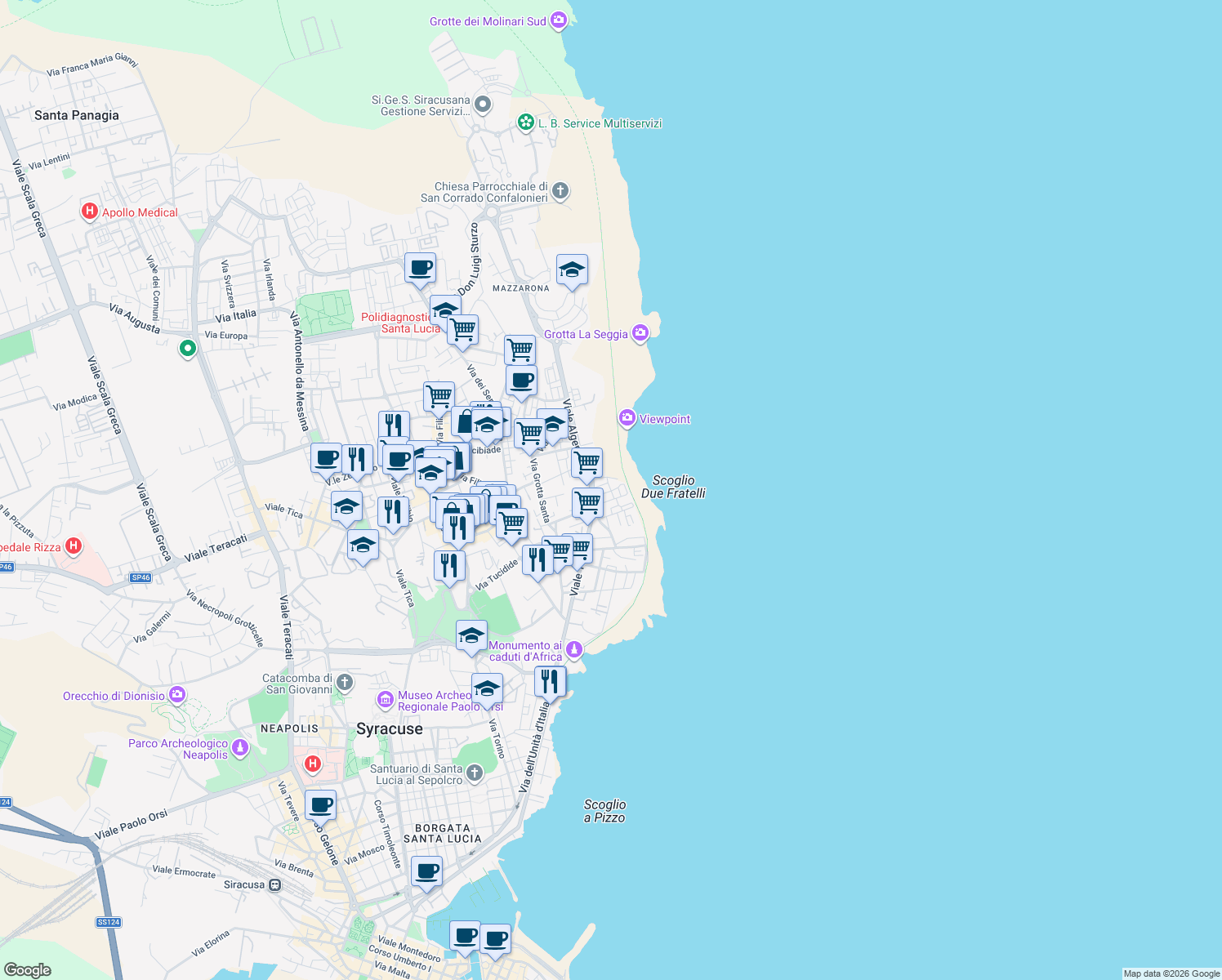 map of restaurants, bars, coffee shops, grocery stores, and more near 7 Via Corrado Ignazio Giuliano in Siracusa