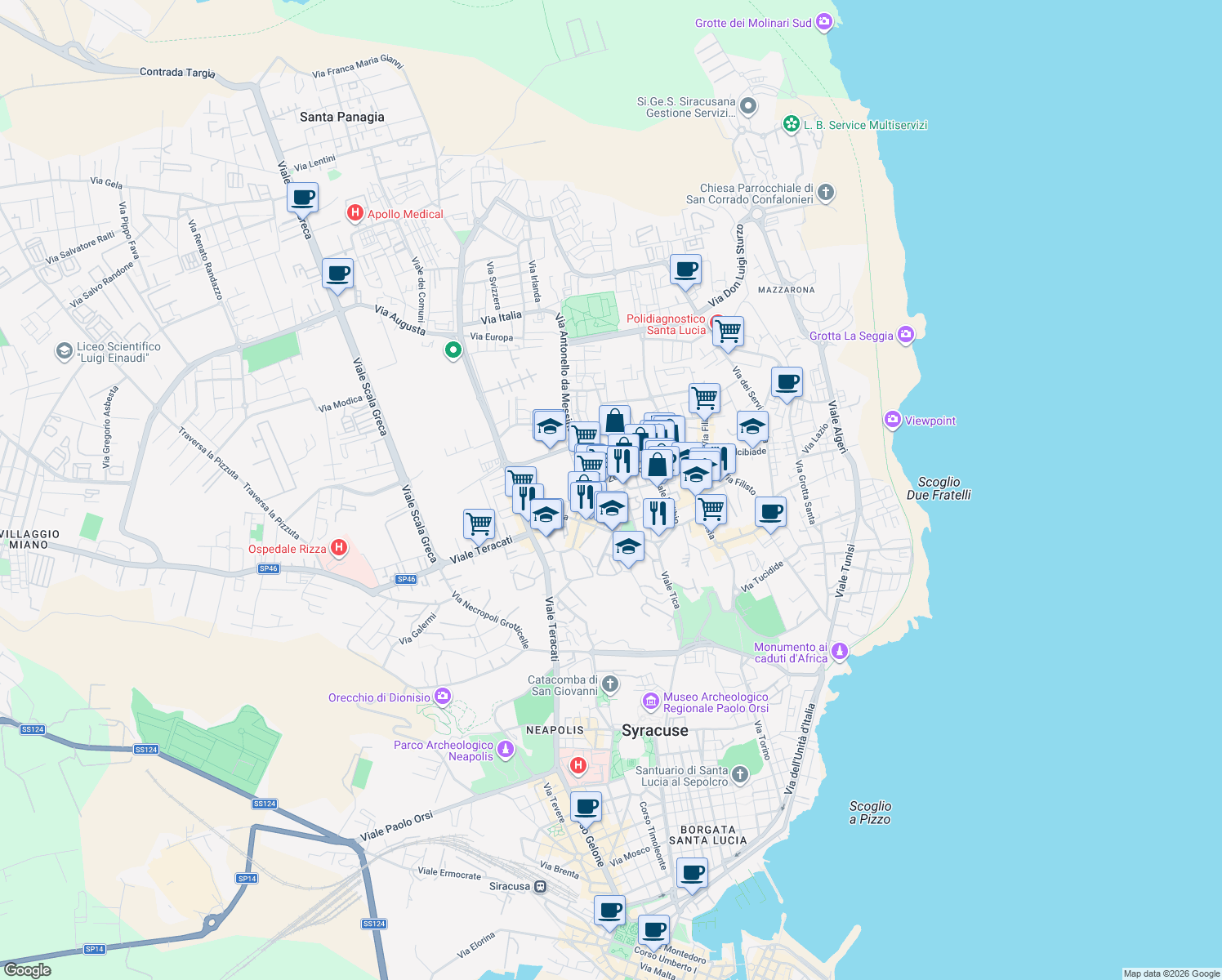map of restaurants, bars, coffee shops, grocery stores, and more near 30 Via Ignazio Marabitti in Siracusa