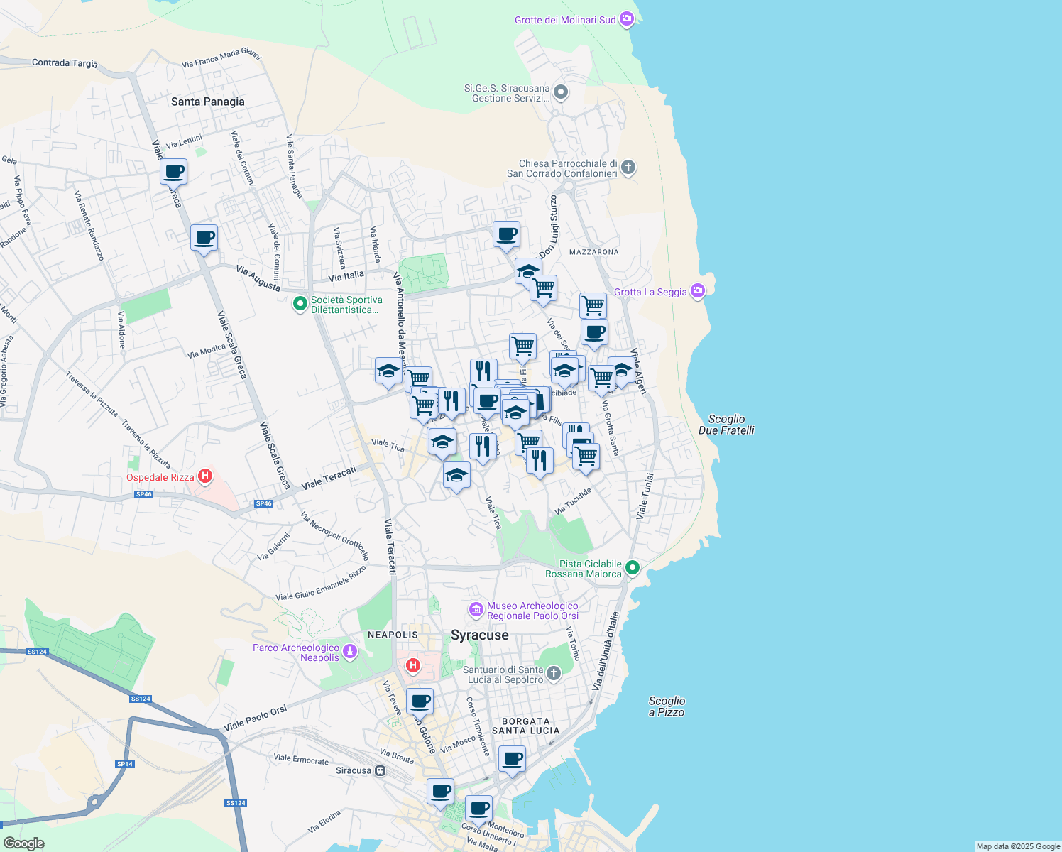 map of restaurants, bars, coffee shops, grocery stores, and more near 28 Via Pitia in Siracusa