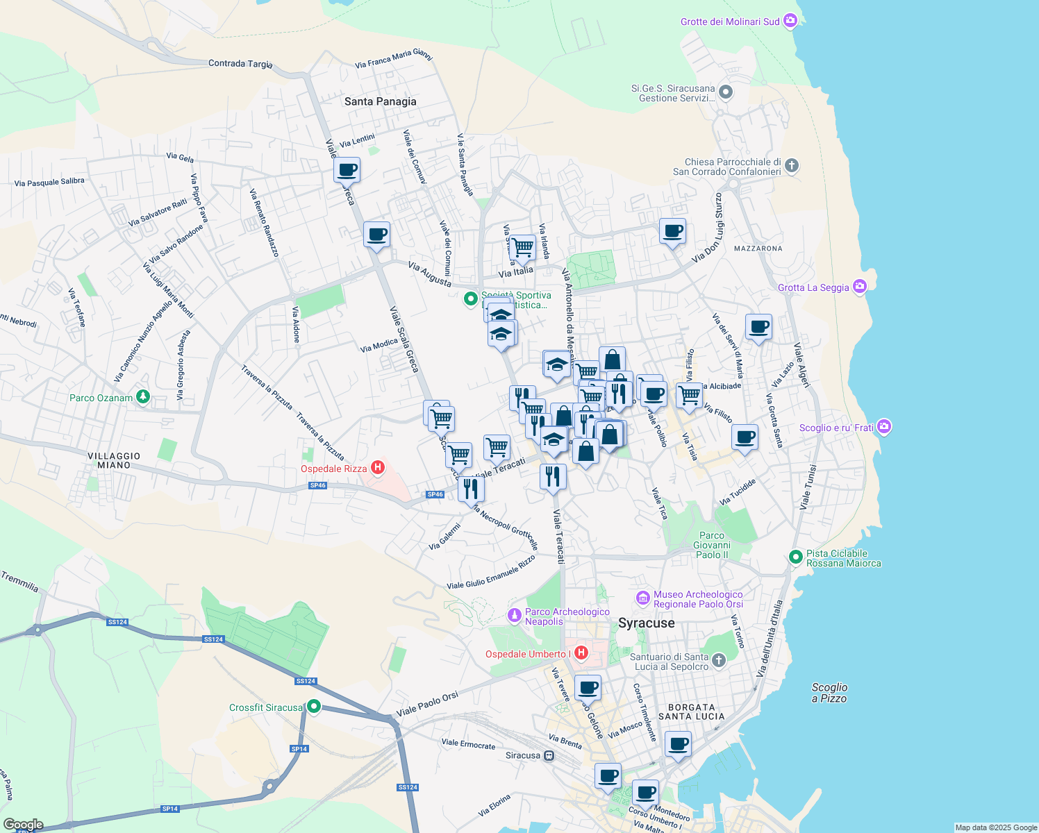 map of restaurants, bars, coffee shops, grocery stores, and more near 69 Viale Santa Panagia in Siracusa