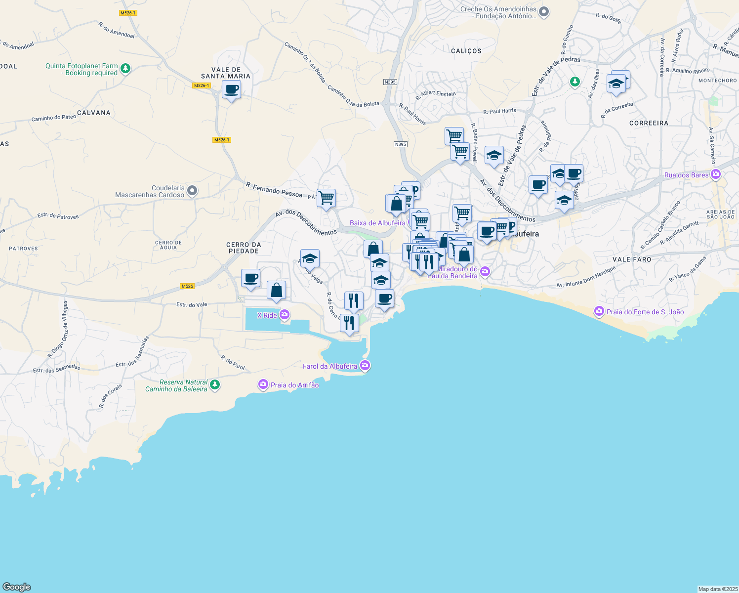 map of restaurants, bars, coffee shops, grocery stores, and more near 20 Rua Samora Barros in Albufeira