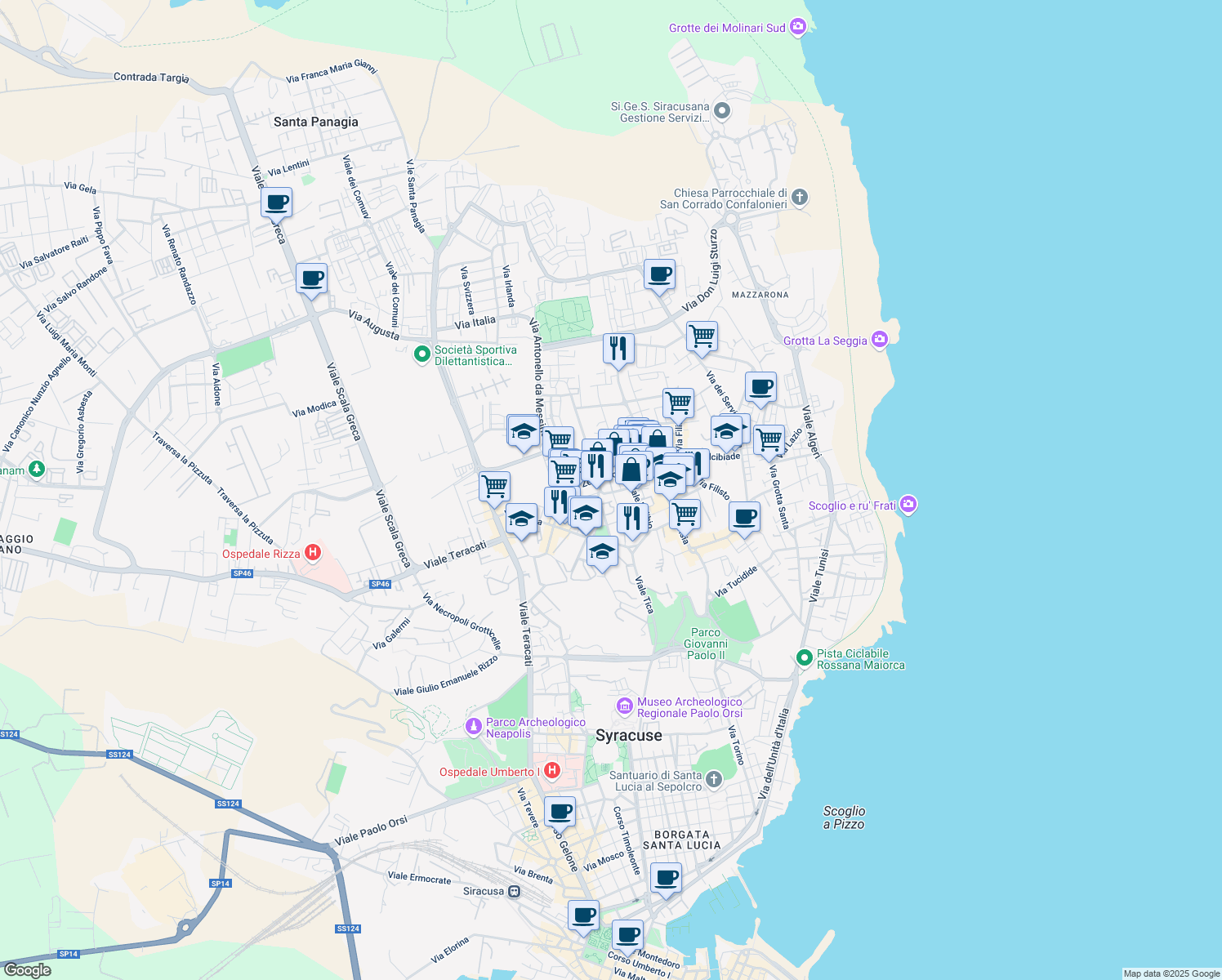 map of restaurants, bars, coffee shops, grocery stores, and more near 94 Viale Zecchino in Siracusa