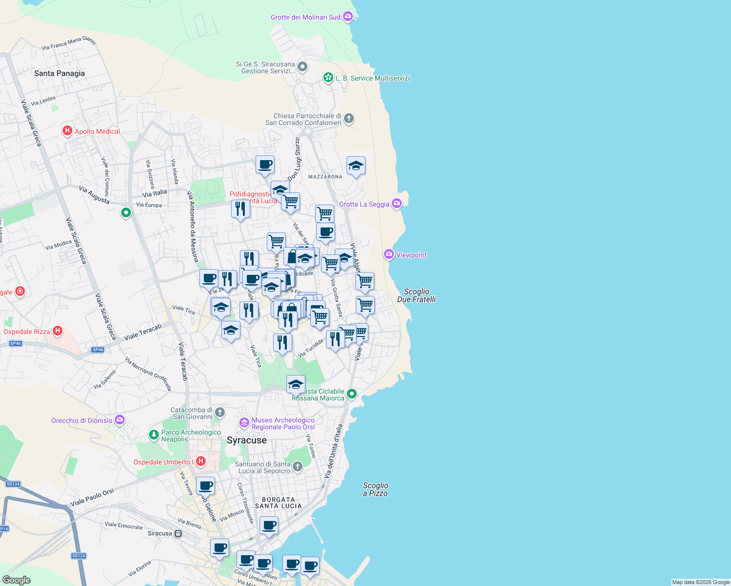 map of restaurants, bars, coffee shops, grocery stores, and more near Viale Algeri in Syracuse