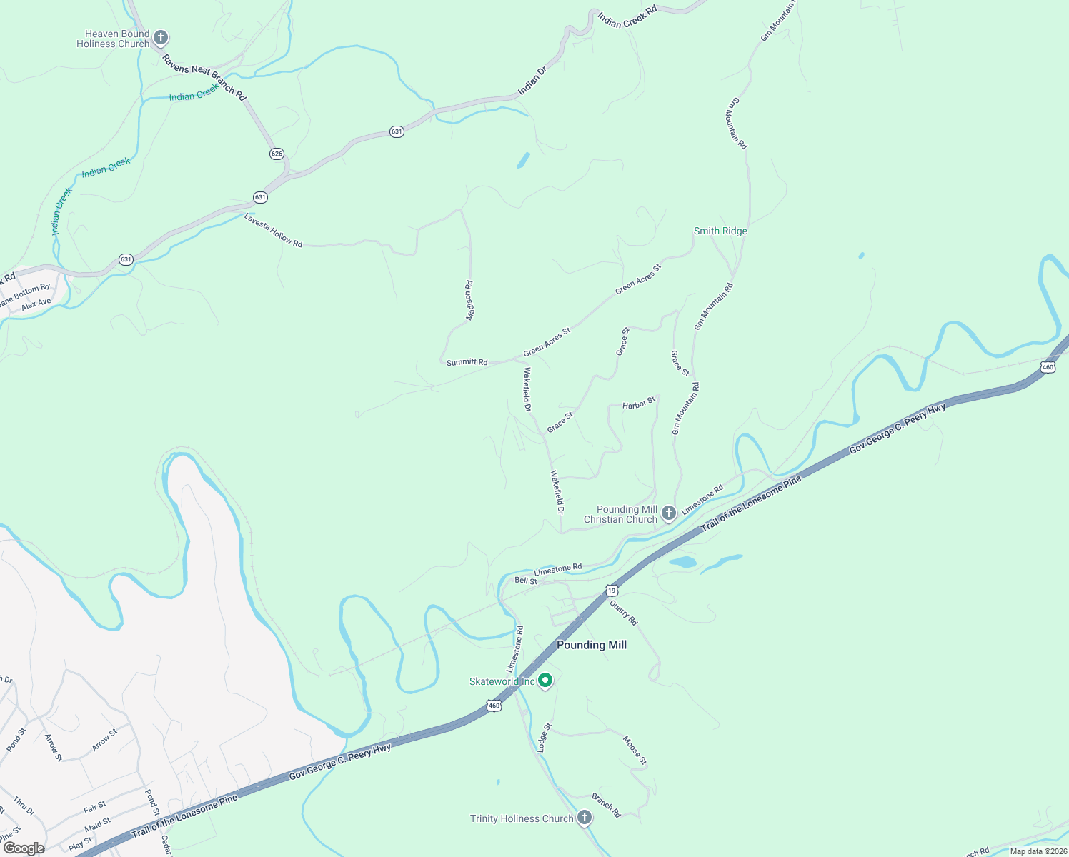 map of restaurants, bars, coffee shops, grocery stores, and more near 1008 Grace Street in Pounding Mill