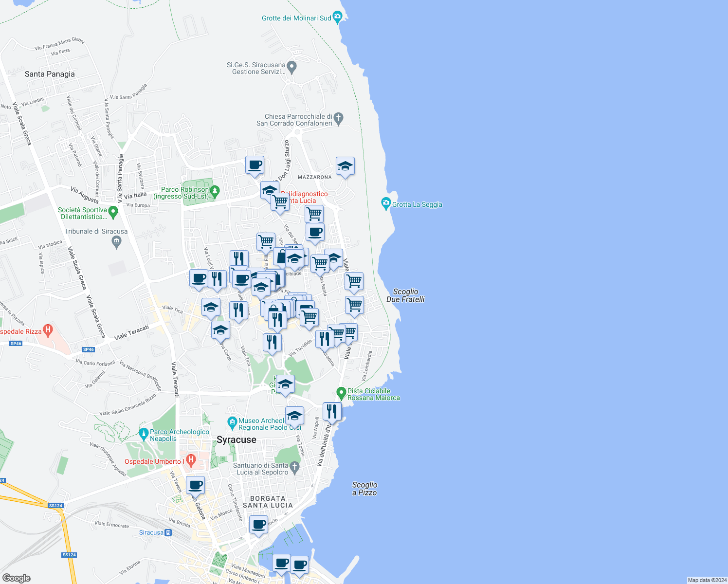 map of restaurants, bars, coffee shops, grocery stores, and more near 7 Via Corrado Ignazio Giuliano in Siracusa