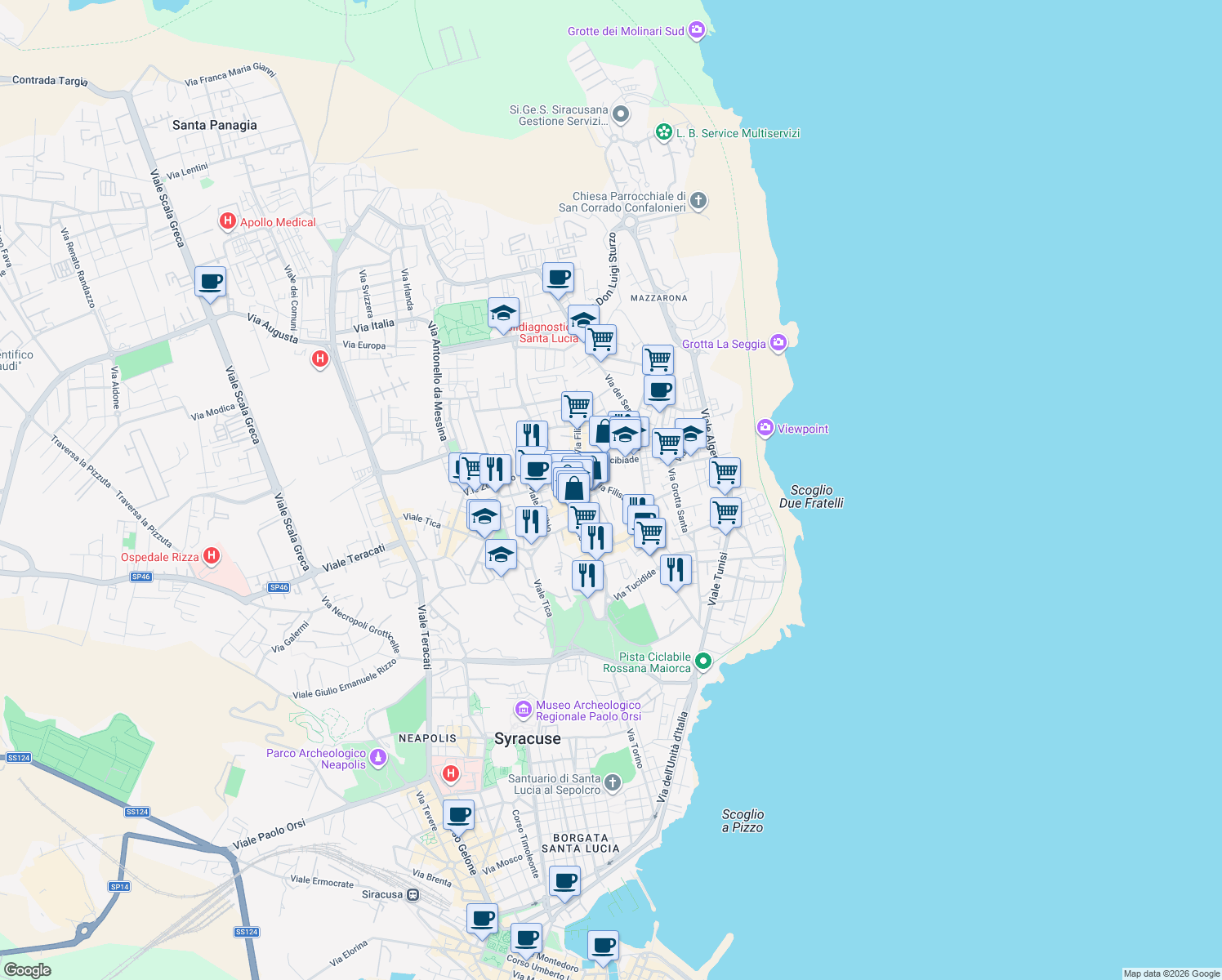 map of restaurants, bars, coffee shops, grocery stores, and more near 96 Via Filisto in Siracusa