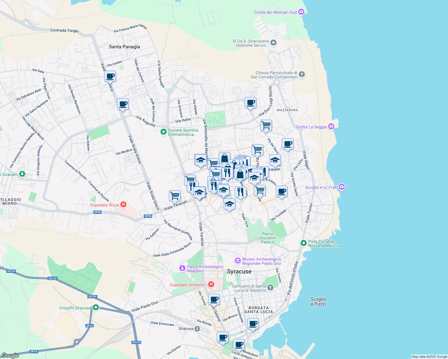 map of restaurants, bars, coffee shops, grocery stores, and more near 30 Via Ignazio Marabitti in Siracusa